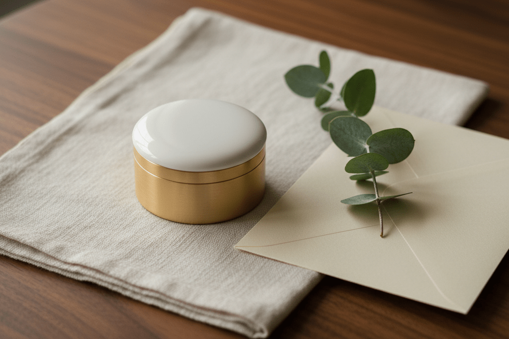 Elegant closed ring box beside a blank cream envelope on linen and walnut surface lit by soft window light
