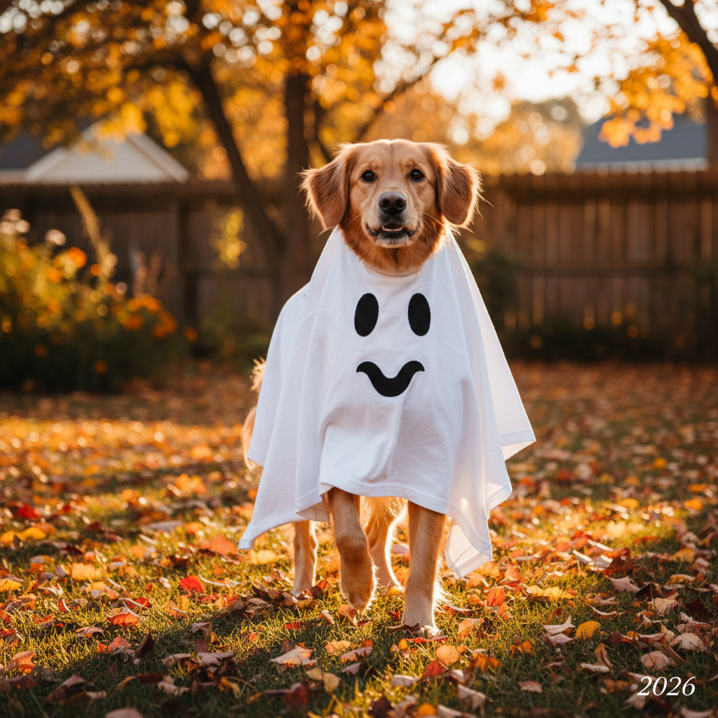 Medium dog in DIY ghost poncho with felt face in sunny backyard.