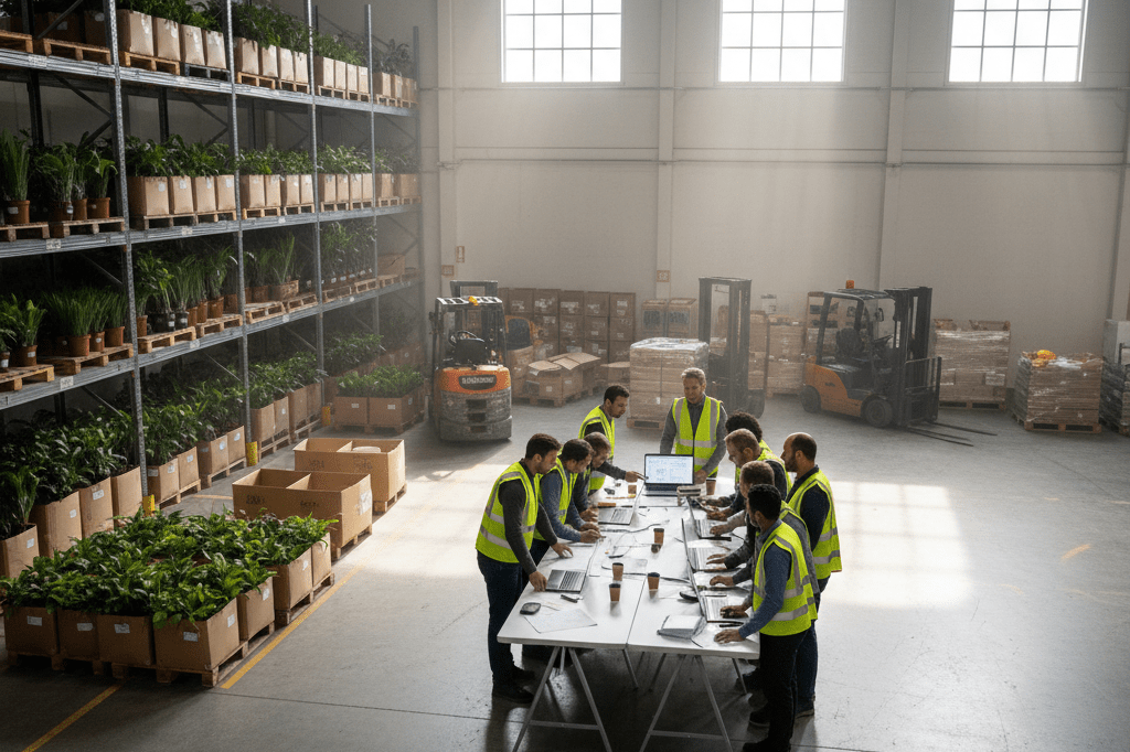 Warehouse team collaboratively addressing inventory challenges under warm ambient light