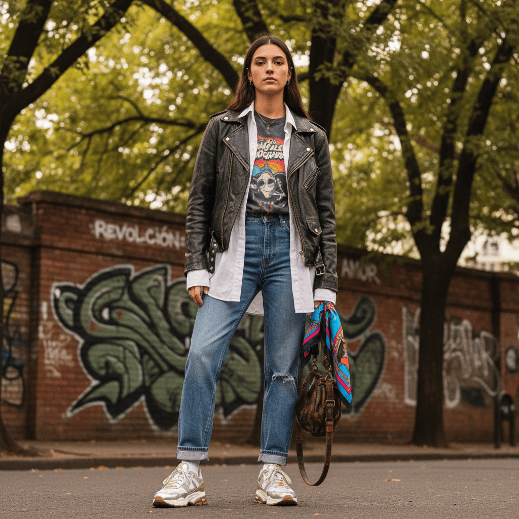 Young adult street fashion in Buenos Aires with layered shirts and distressed denim.
