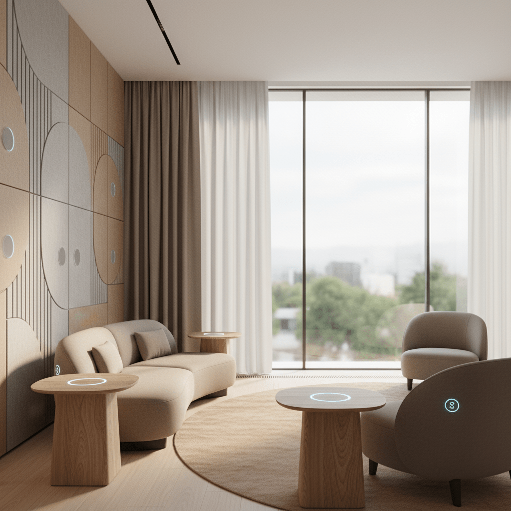 Minimalist futuristic living room with textured felt walls and smart glass windows.