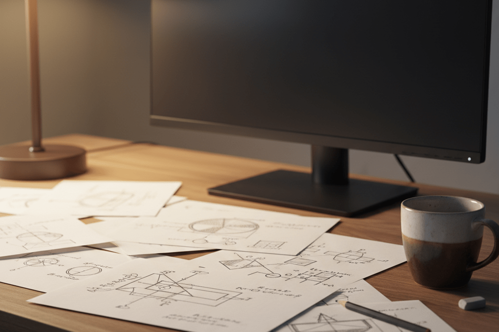 Close-up of desk with physics sketches and tools, lit by warm ambient light, showcasing creative game development