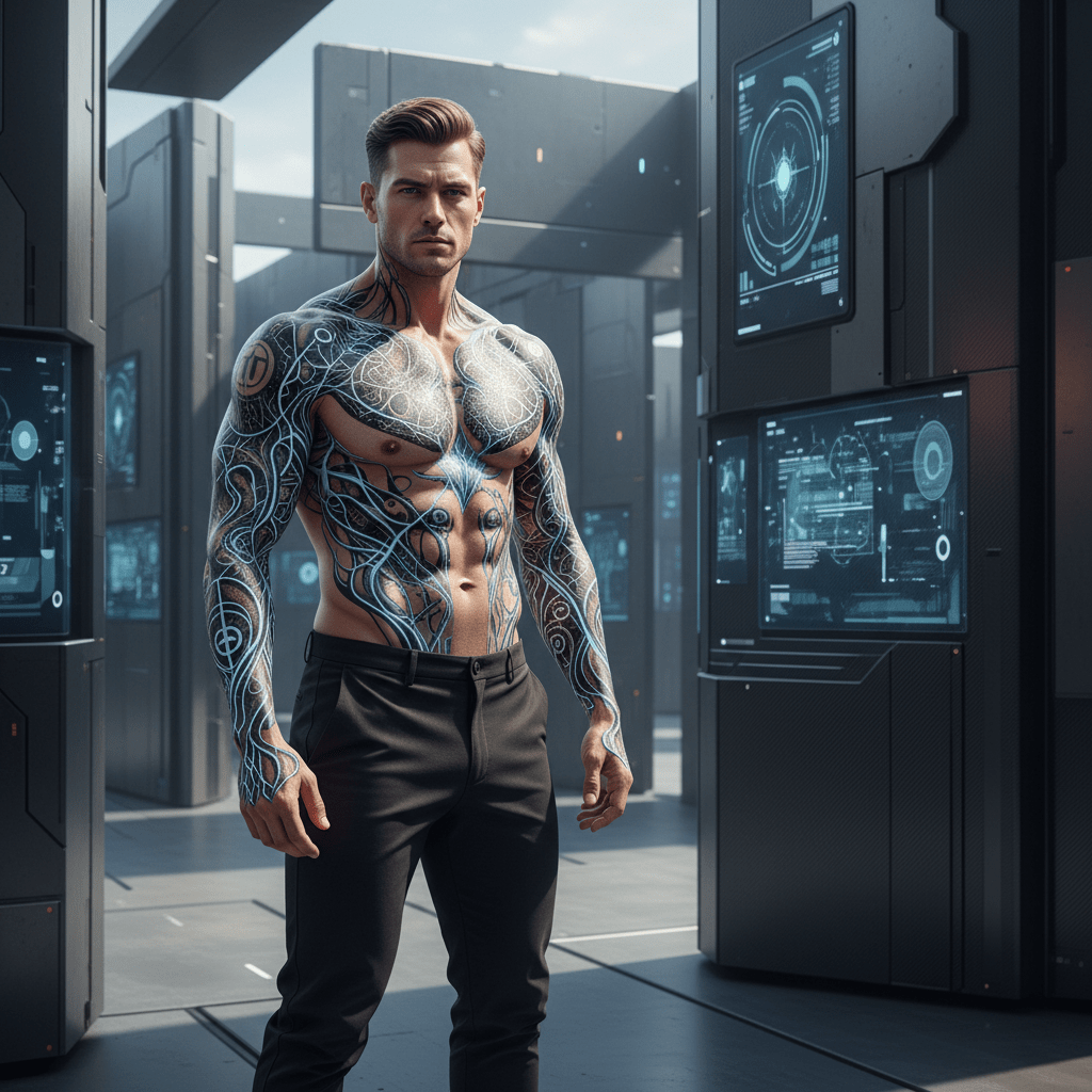 Male model with cyber-sigilism tattoos resembling neural networks and runes.