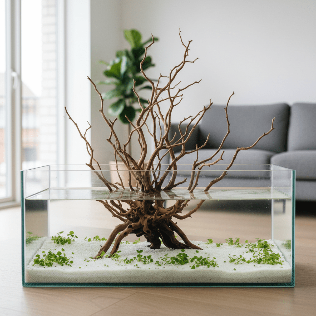 Minimalist aquascape with manzanita wood, white sand, and Monte Carlo plants.