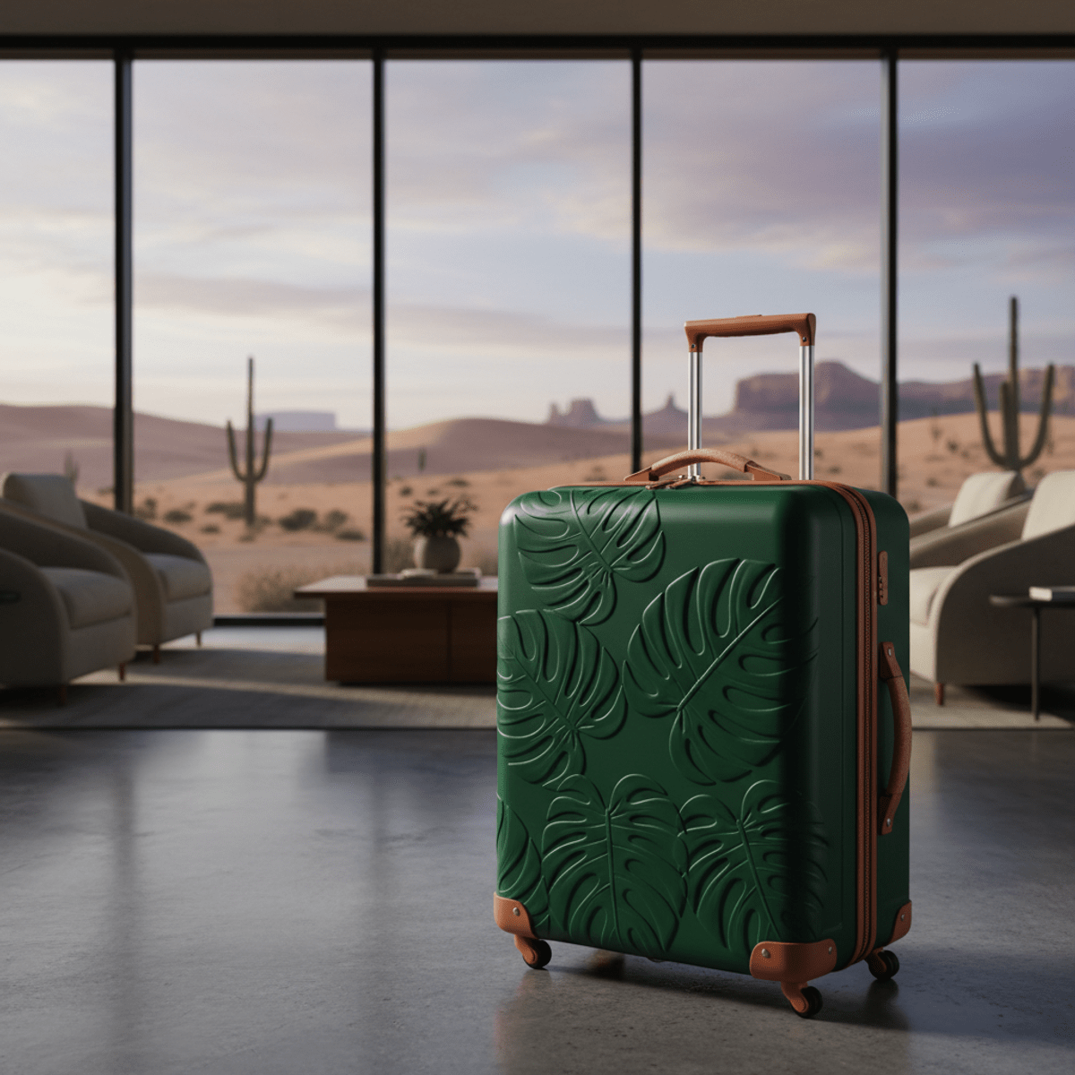 Monstera leaf trolley bag in desert airport lounge Textured forest green trolley bag with monstera leaves and cork grips in a desert lounge.