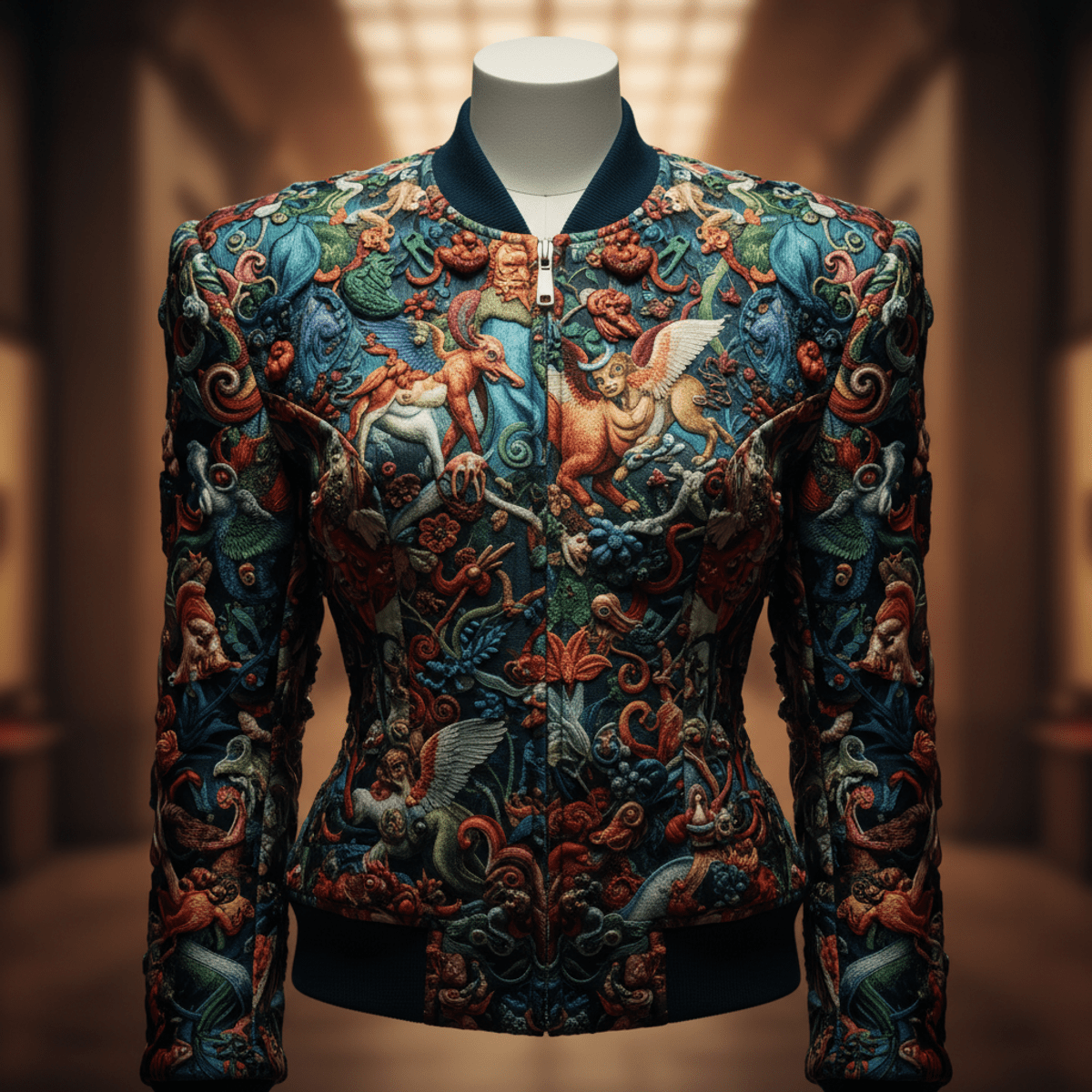 Maximalist bomber jacket with intricate surrealist creatures in rich jewel tones.