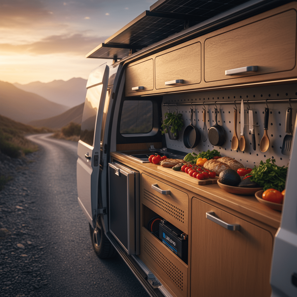 Mobile kitchen van with integrated solar fridge and open doors revealing mountain views.