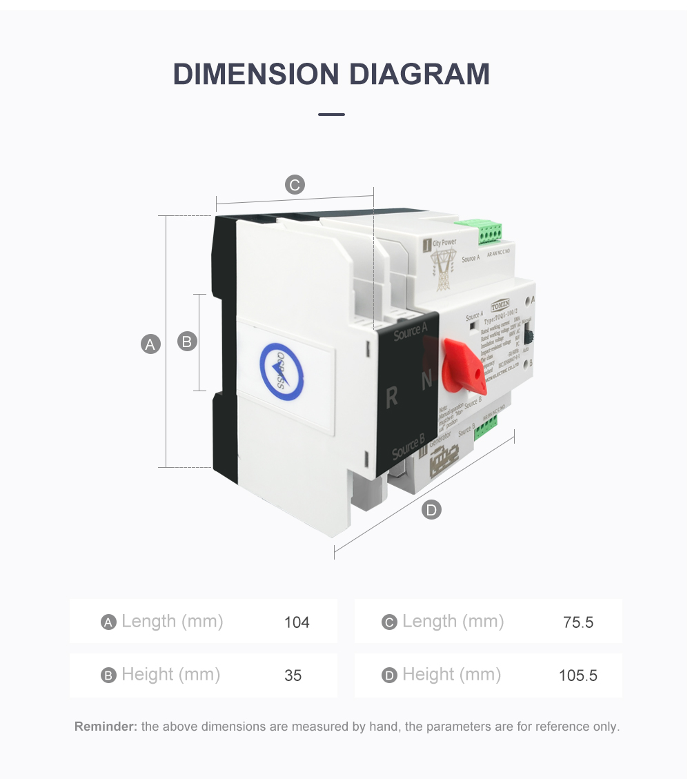 TOMZN Single Phase Din Rail ATS Dual Power Automatic Transfer Electrical Selector Switches Uninterrupted 2P 63A 100A 125A