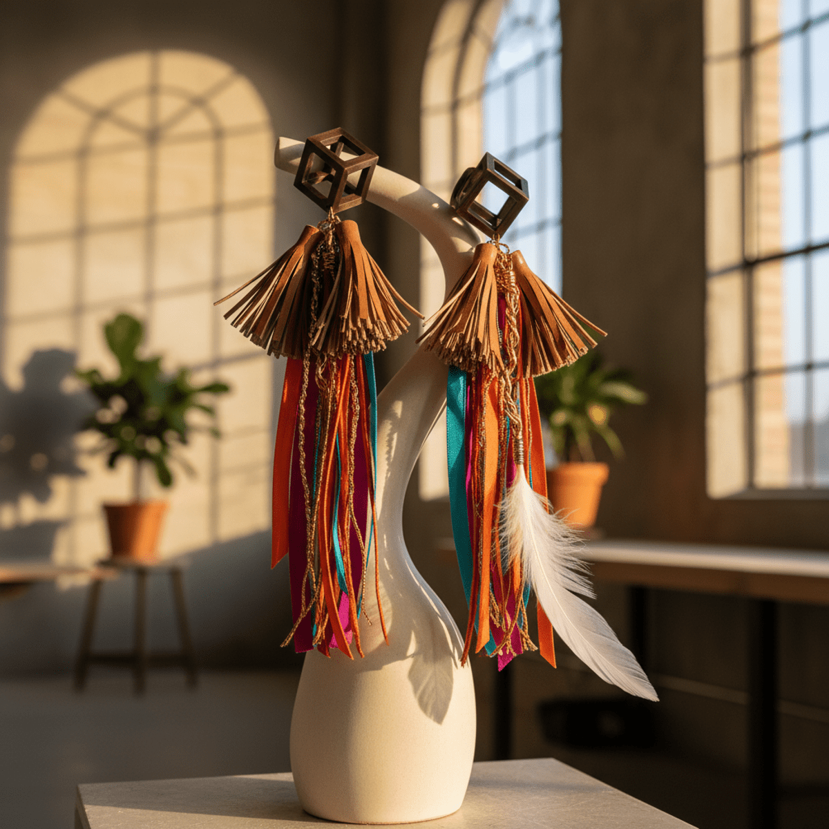 Bold mixed-media tassel earrings with leather, silk, and metallic threads on a stand.