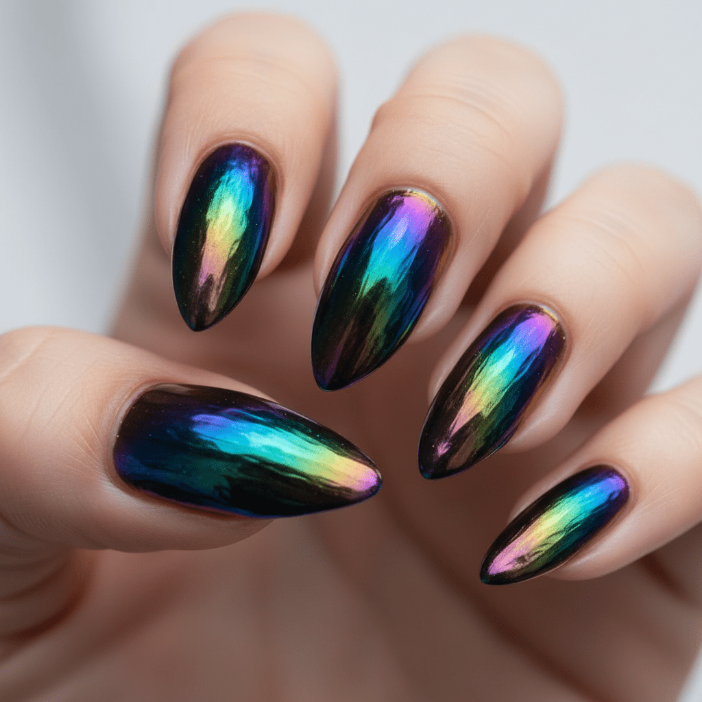Trendy almond nails showcase prismatic oil slick chrome with shifting iridescent colors.