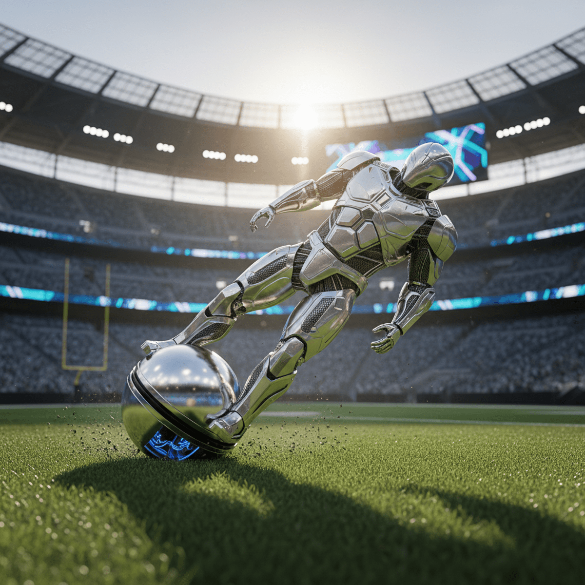 Futuristic tackle dummy upright on green turf after impact, showing self-righting mechanism.