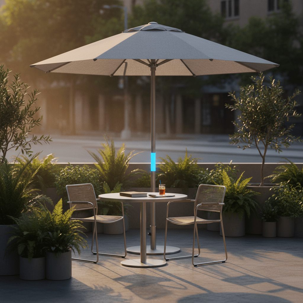 Iridescent umbrella with UV indicator LED beside outdoor cafe table.