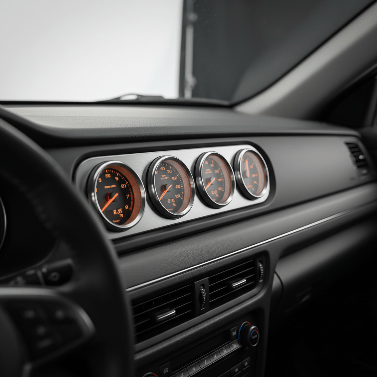 Custom car dashboard with integrated aftermarket gauges and brushed aluminum bezels.