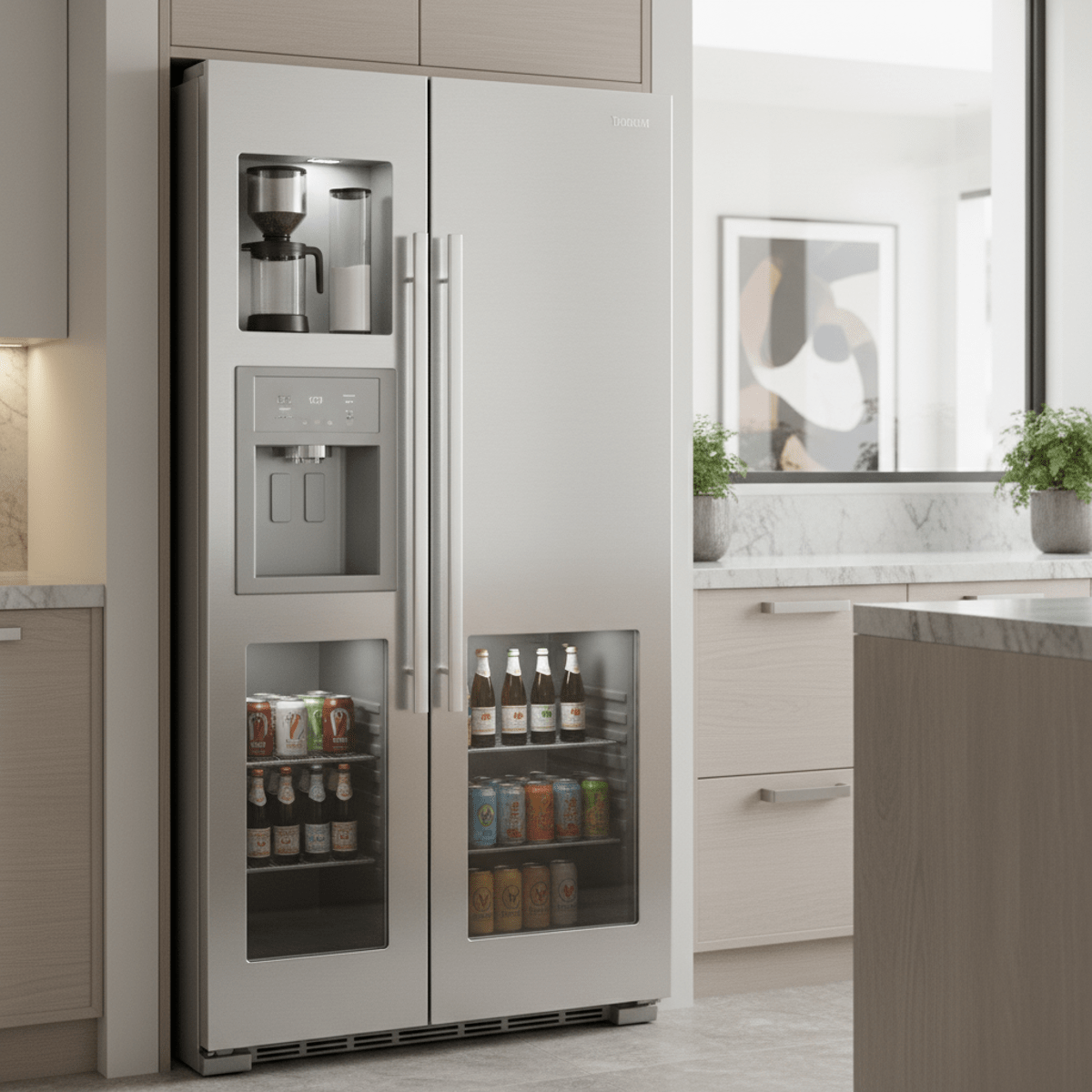 Sleek stainless steel refrigerator with integrated coffee and beverage station.