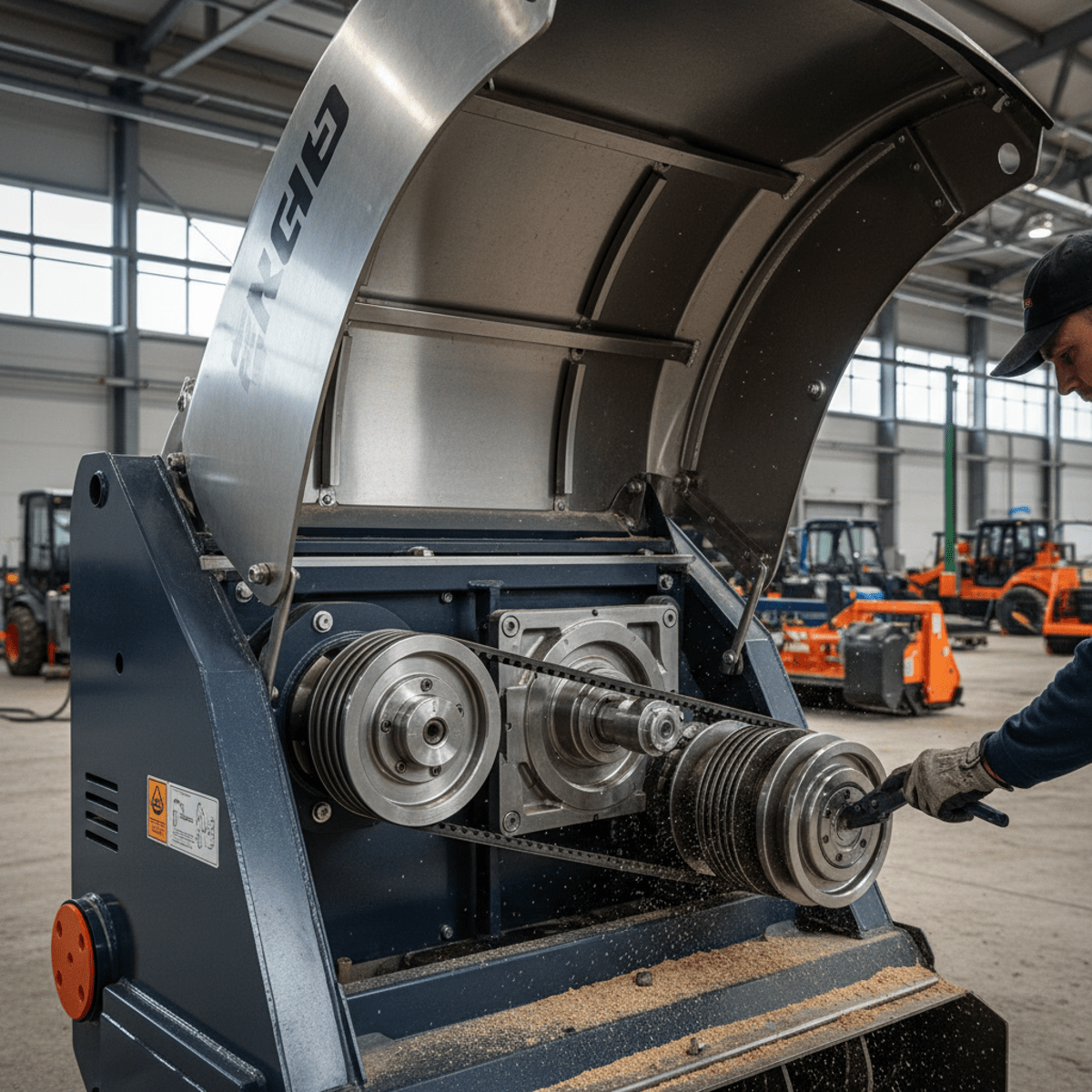 Technician adjusts skid steer mulcher belt drive system in an industrial outdoor setting.