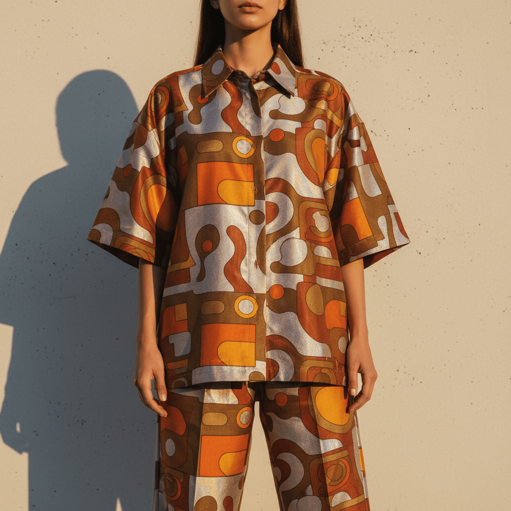 Person in oversized retro-futuristic patterned co-ords with metallic and holographic highlights.