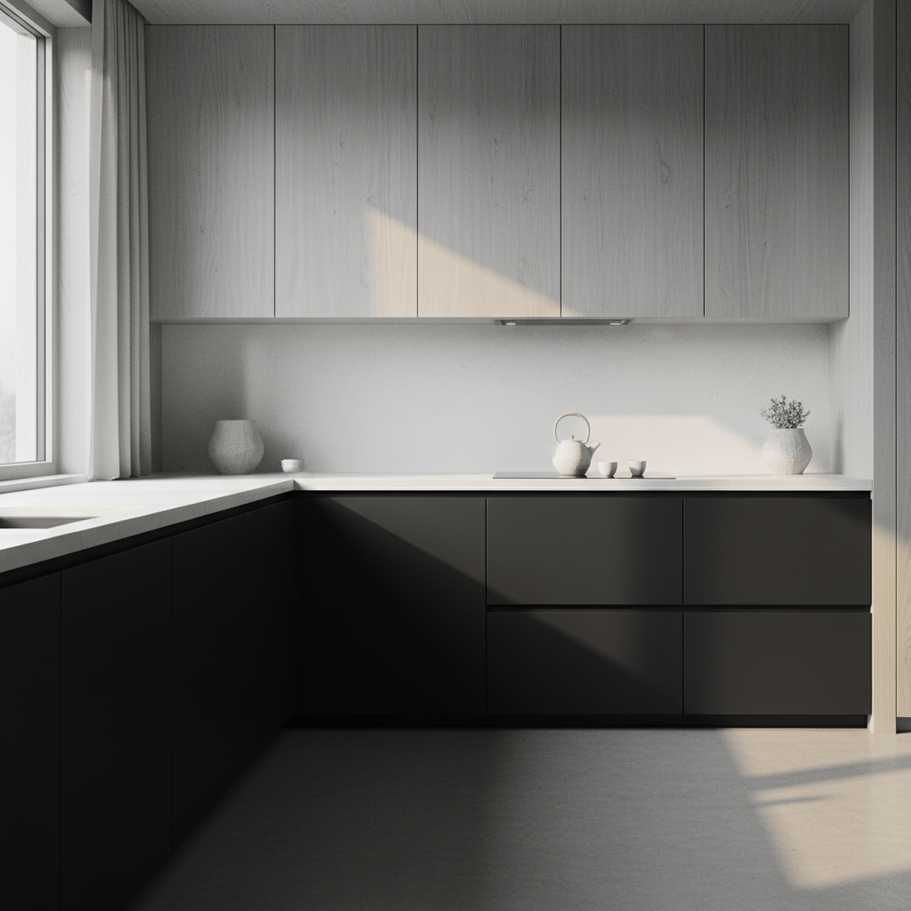 Serene Japandi kitchen with matte black cabinets, white stone, and oak accents bathed in golden light.