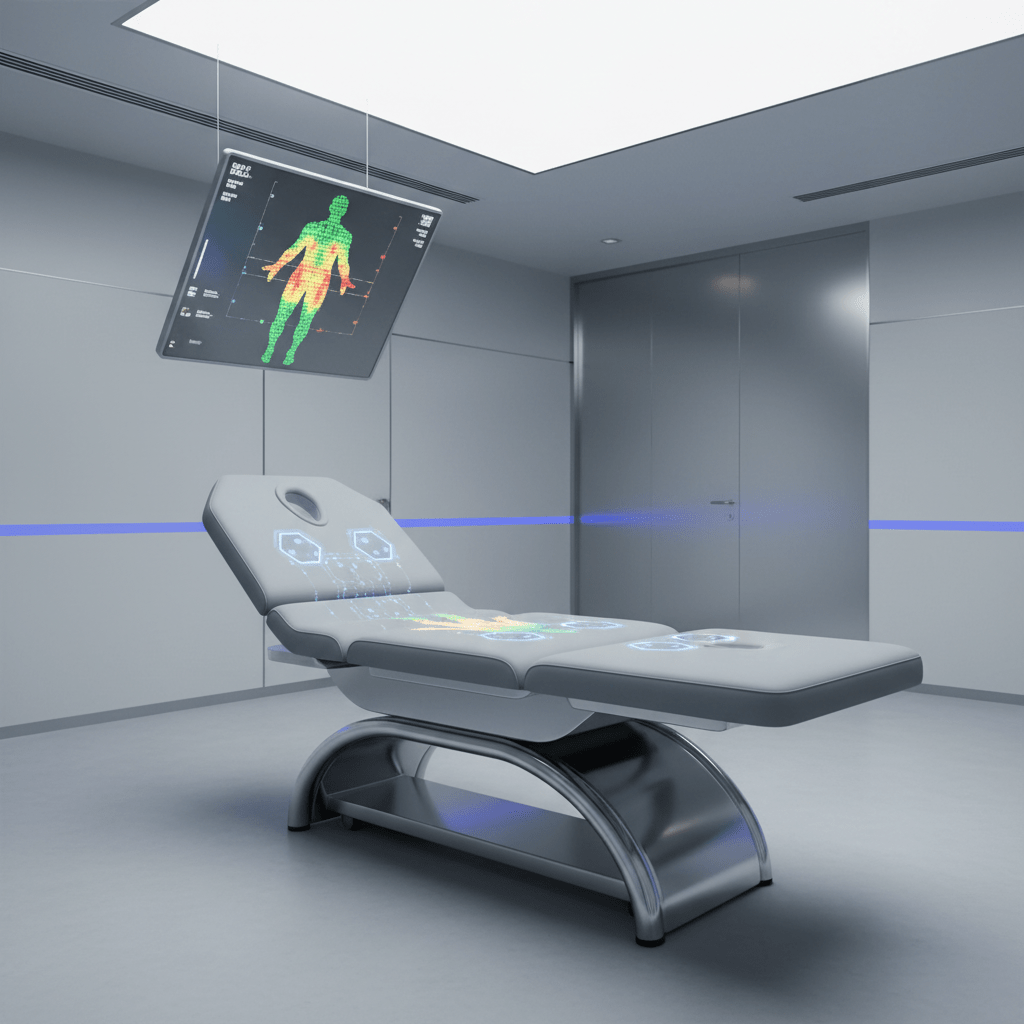 Advanced physical therapy table with integrated pressure sensors Futuristic physical therapy table with pressure sensors and projected display.