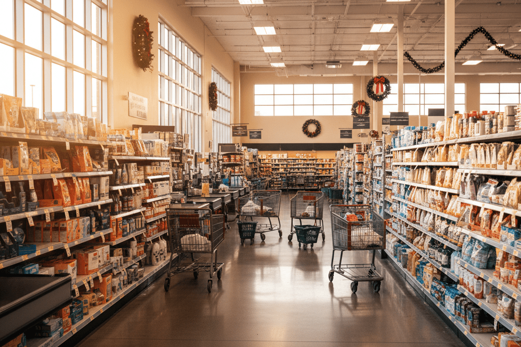 Partially stocked shelves and shopping carts in a warmly lit retail store hinting at increased customer activity due to seasonal payment shifts