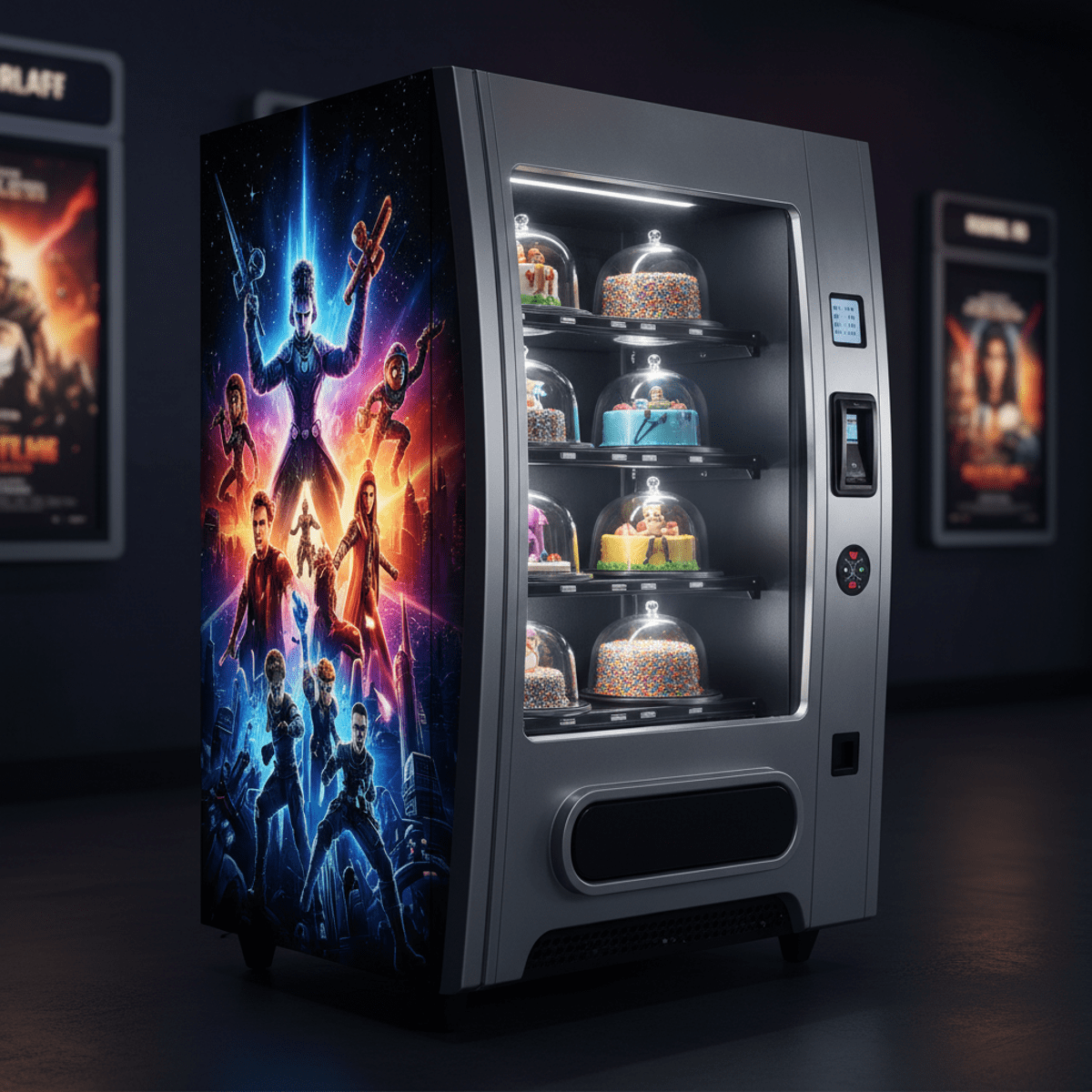 Futuristic cake vending machine with cinematic art in a dimly lit movie theater lobby.