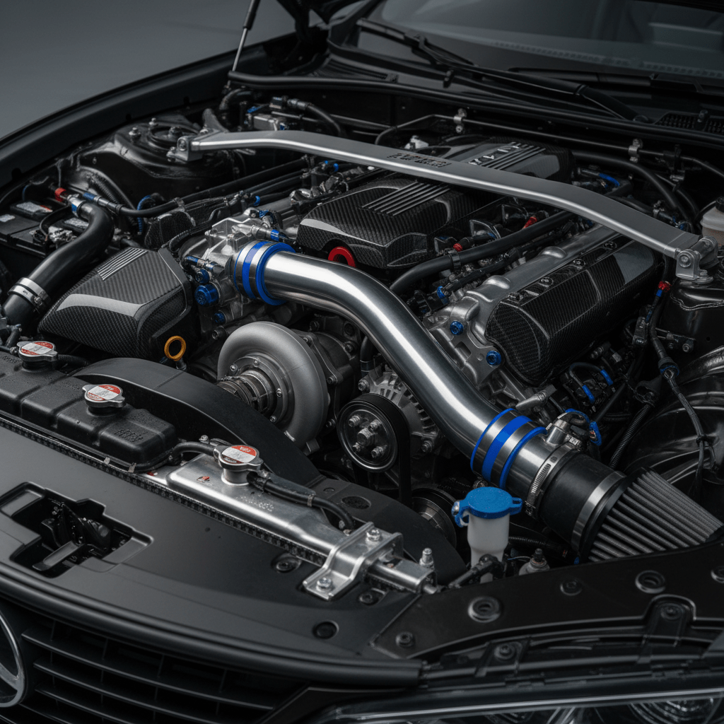 Close-up of a sports car engine bay with turbocharger and intercooler piping.