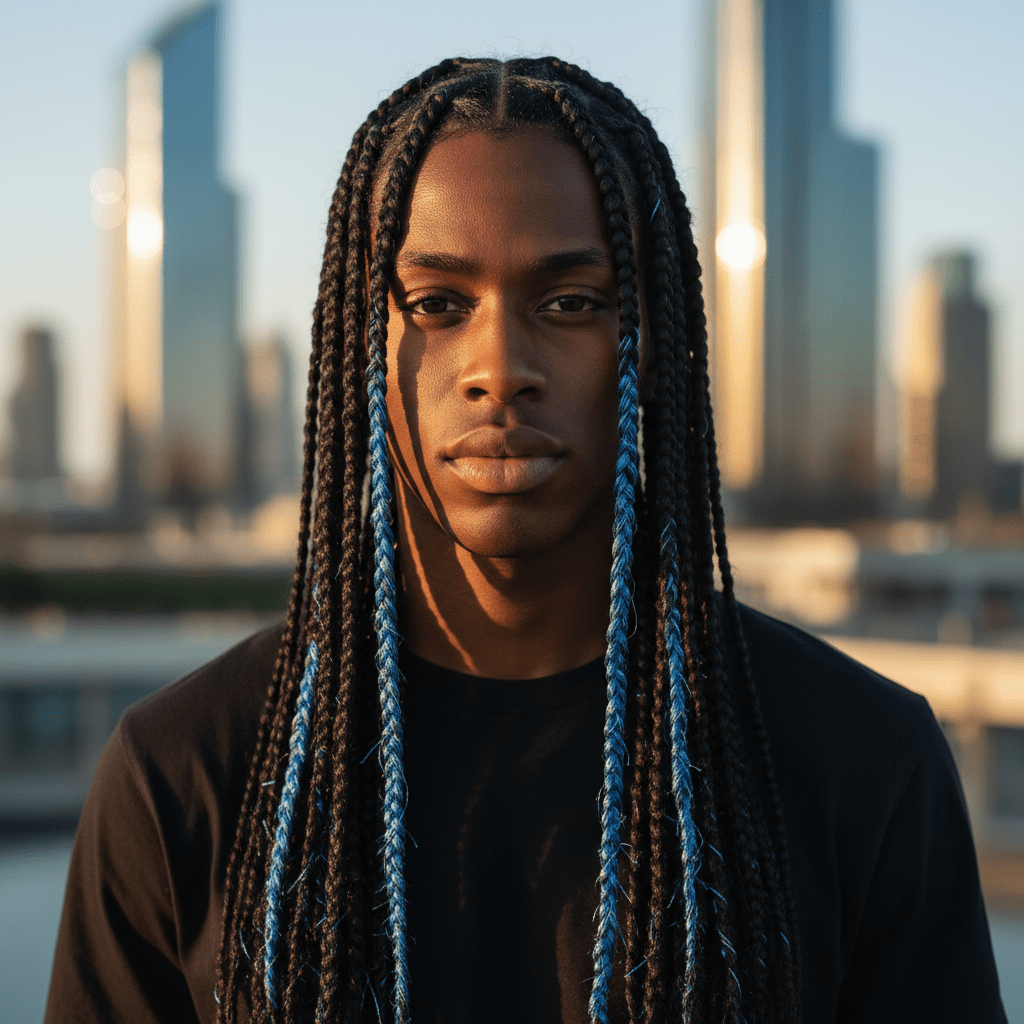 Black man with geometric cornrows interwoven with electric blue metallic thread.