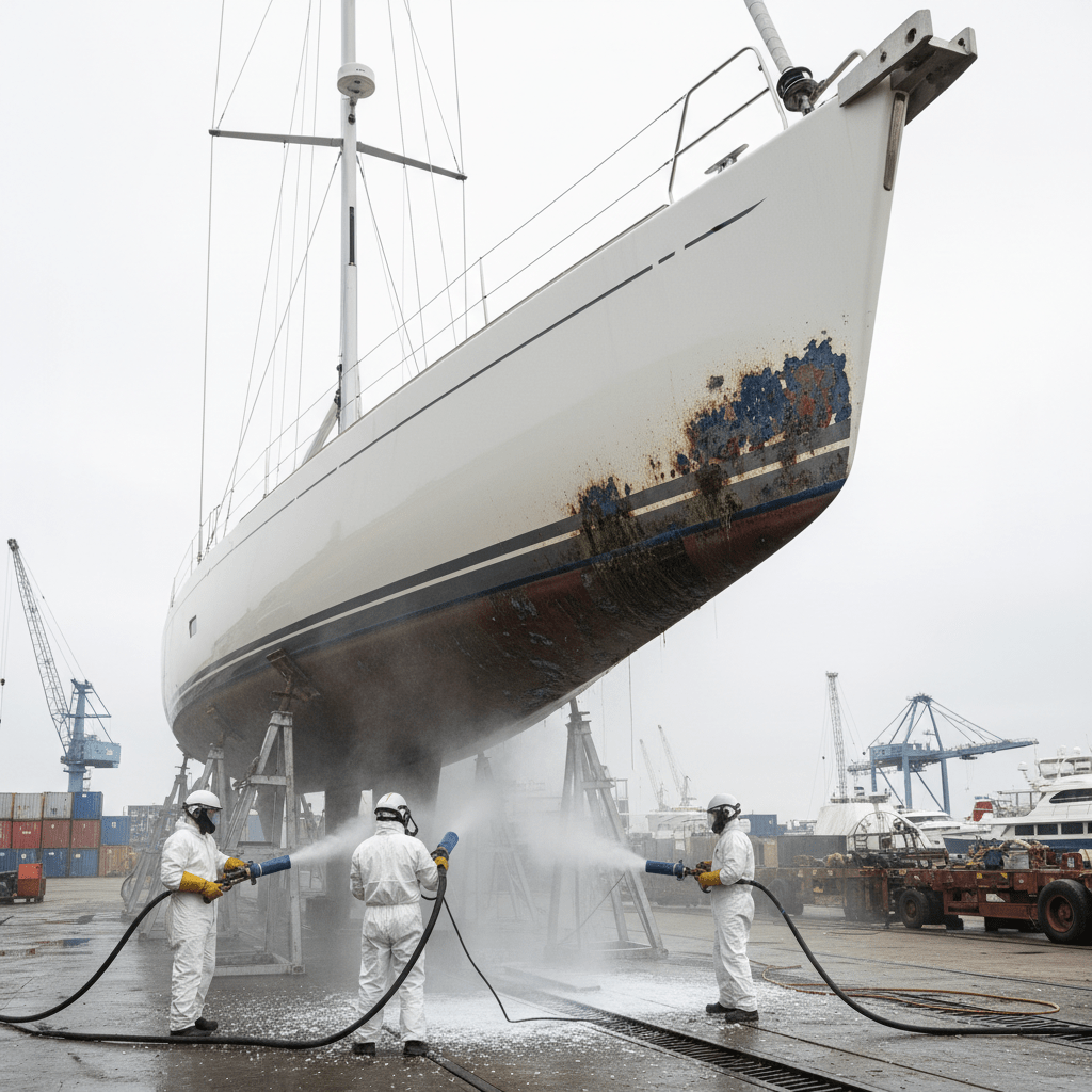 Technicians dry ice blast clean a yacht hull in a marine service dry dock.