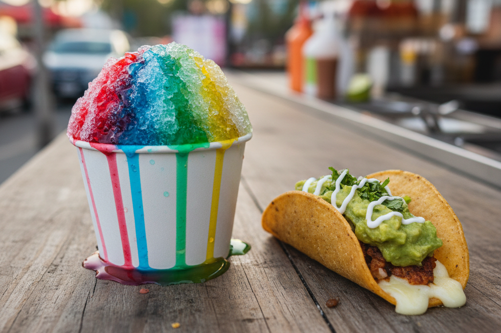 A colorful piragua in a paper cup next to a gourmet Queso Taco on a rustic taco cart surface, symbolizing cultural fusion in food entrepreneurship