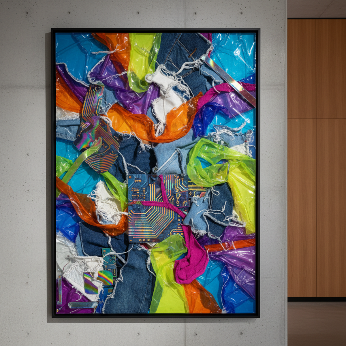 Abstract art from recycled plastics, denim, and circuitry in bold geometric forms.