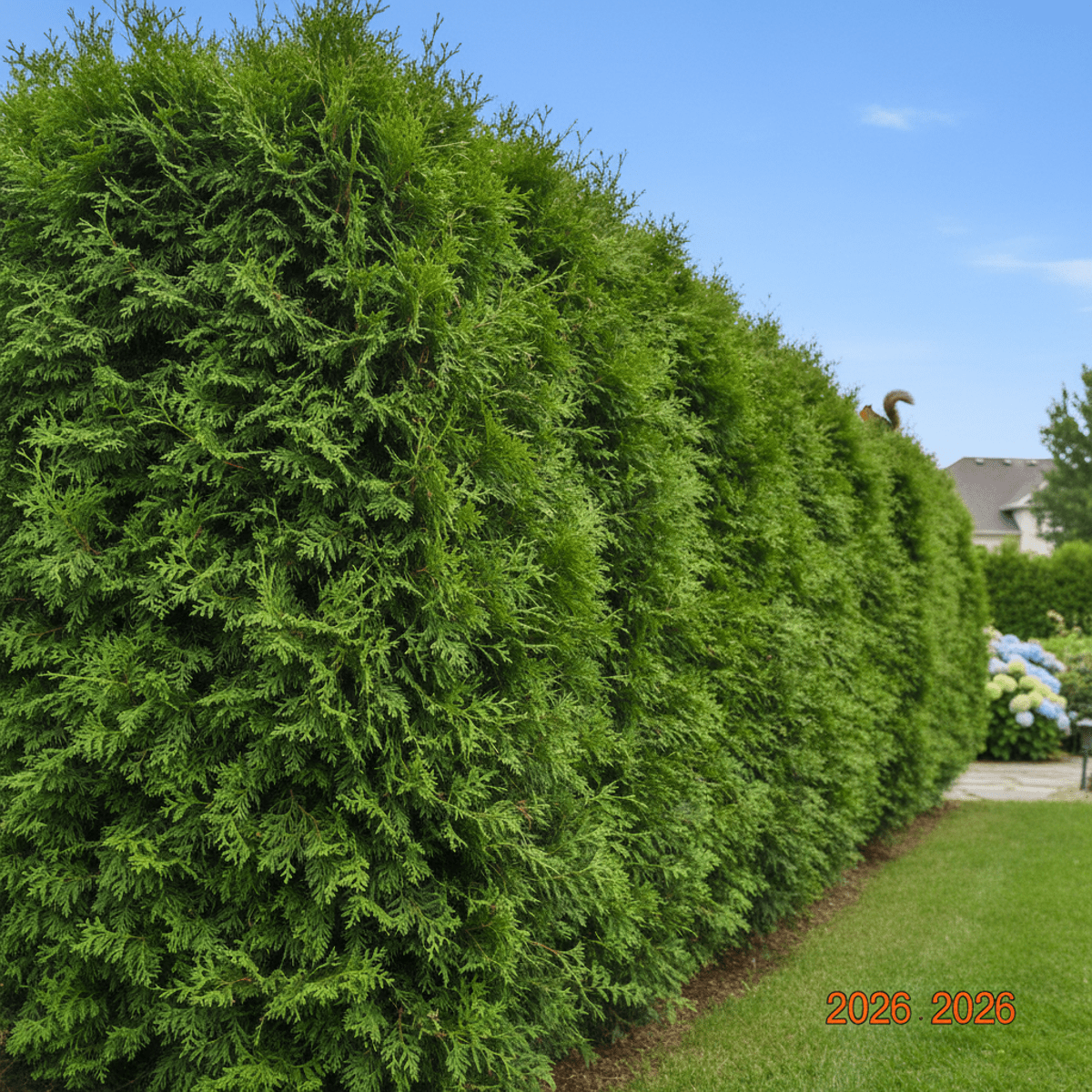 Lush, dense Arborvitae hedge forms a vibrant green wall around a suburban garden.