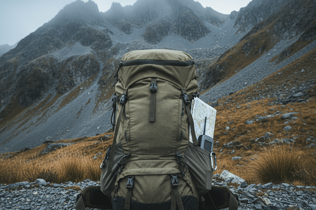 Medium shot of a durable backpack on mountain rocks in misty Southern Alps, representing strategic resource management under pressure