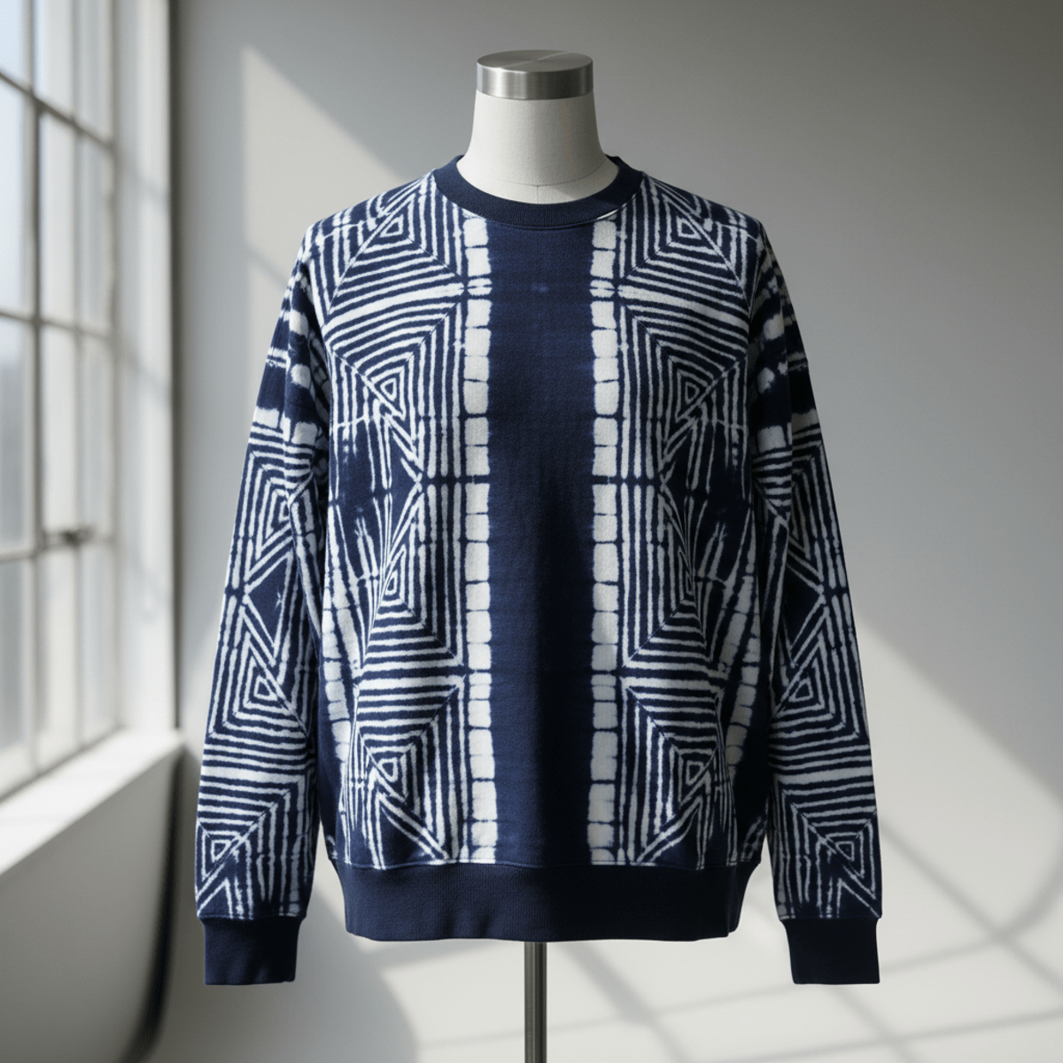 Monochromatic indigo and white tie dye sweatshirt with Shibori geometric patterns.