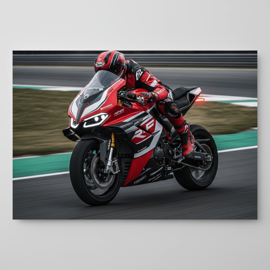 A 2026 sportbike with winglets on a racetrack, featuring bold racing graphics.