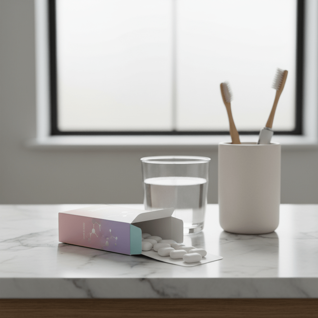 Modern bathroom vanity with pastel teeth whitening gum and water.