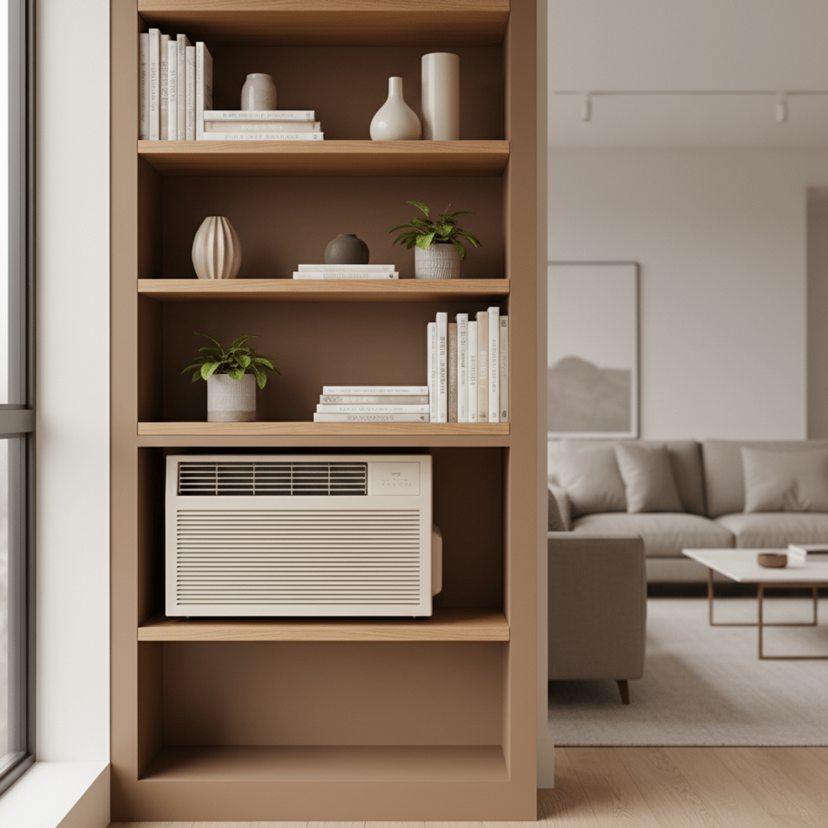Custom bookshelf nook with integrated AC unit Custom built-in bookshelf nook with integrated AC unit and warm wood shelves.