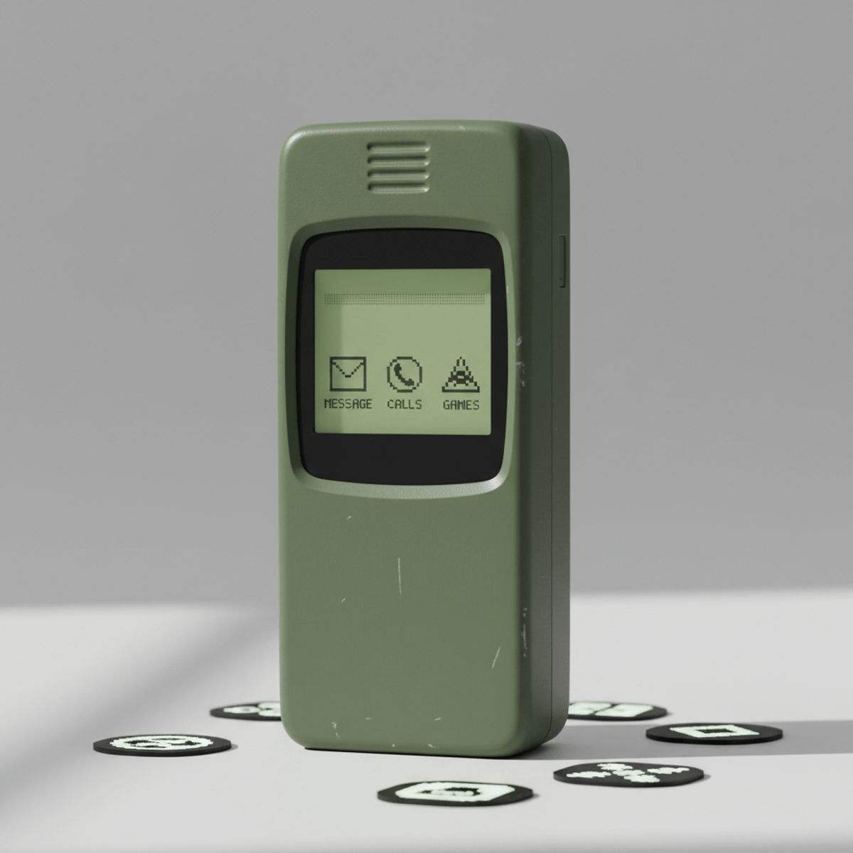 Retro phone with pixel art icons next to smartwatch faces and app mockups.