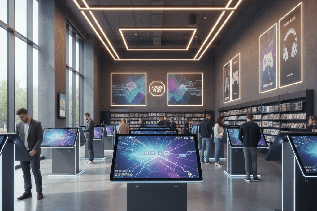 Wide shot of a gaming store showcasing digital kiosks and minimal physical displays under natural light