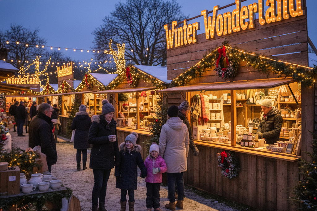 Outdoor winter attraction with glowing lights, wooden stalls, and festive decor under natural evening light, creating a premium family entertainment atmosphere.