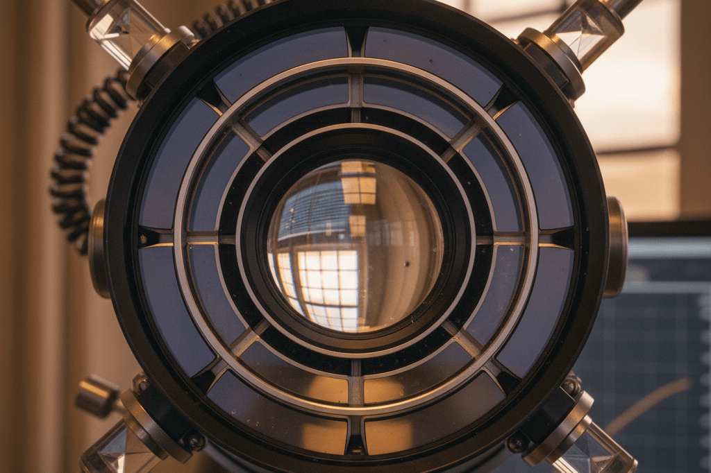 Detailed view of an advanced telescope lens reflecting soft indoor lighting, highlighting innovative design