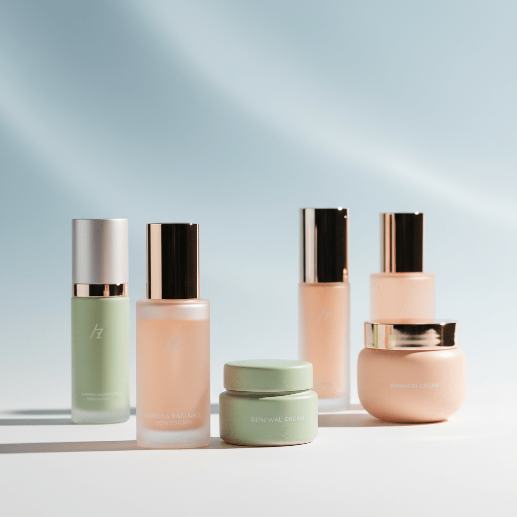 Harmonious minimalist skincare product arrangement with peach and green accents. Minimalist skincare products in peach and green hues on a misty blue gradient backdrop.