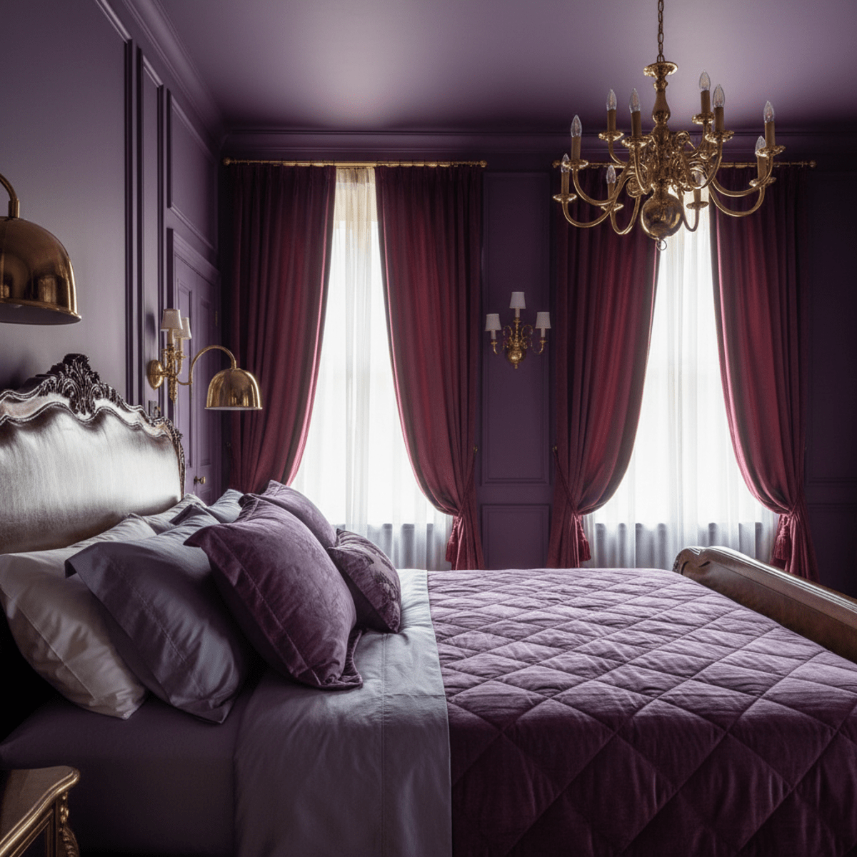 Rich plum walls and velvet curtains create a jewel-box bedroom atmosphere with brass accents.