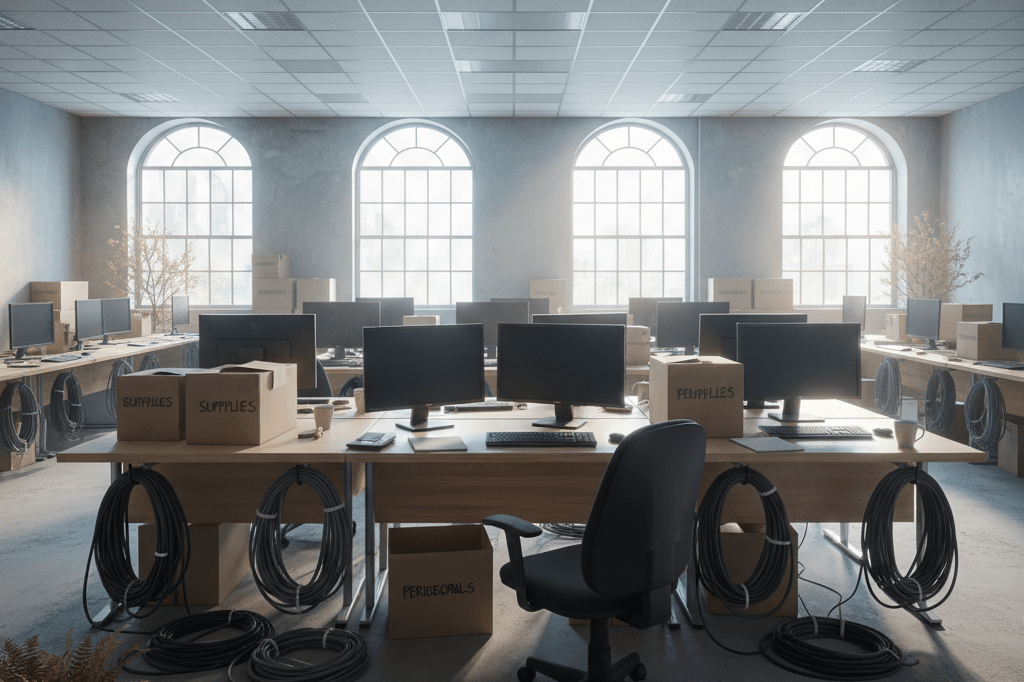 Wide shot of vacated game development studio with labeled boxes and coiled cables under soft natural light