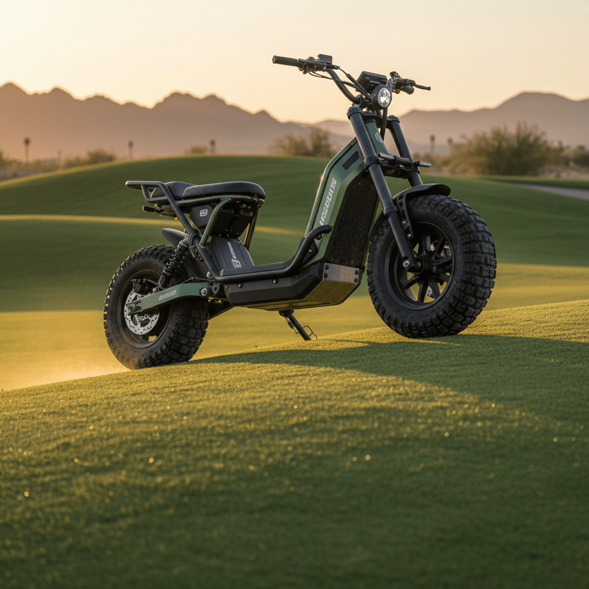 Rugged electric golf scooter with aggressive tires on a grassy hill.