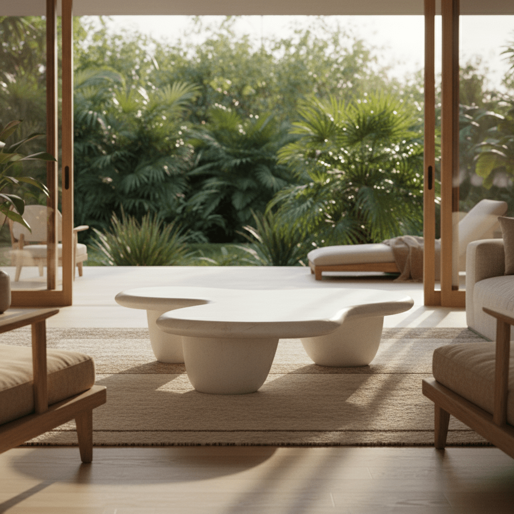 Minimalist white carved stone coffee table with fluid form in airy space.