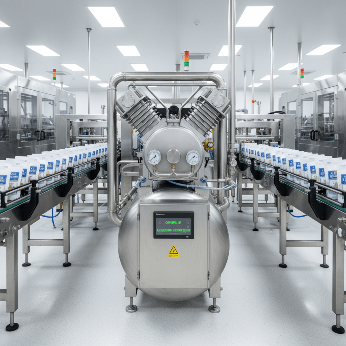 Oil-free stainless steel air compressor in a modern food plant with advanced monitoring.