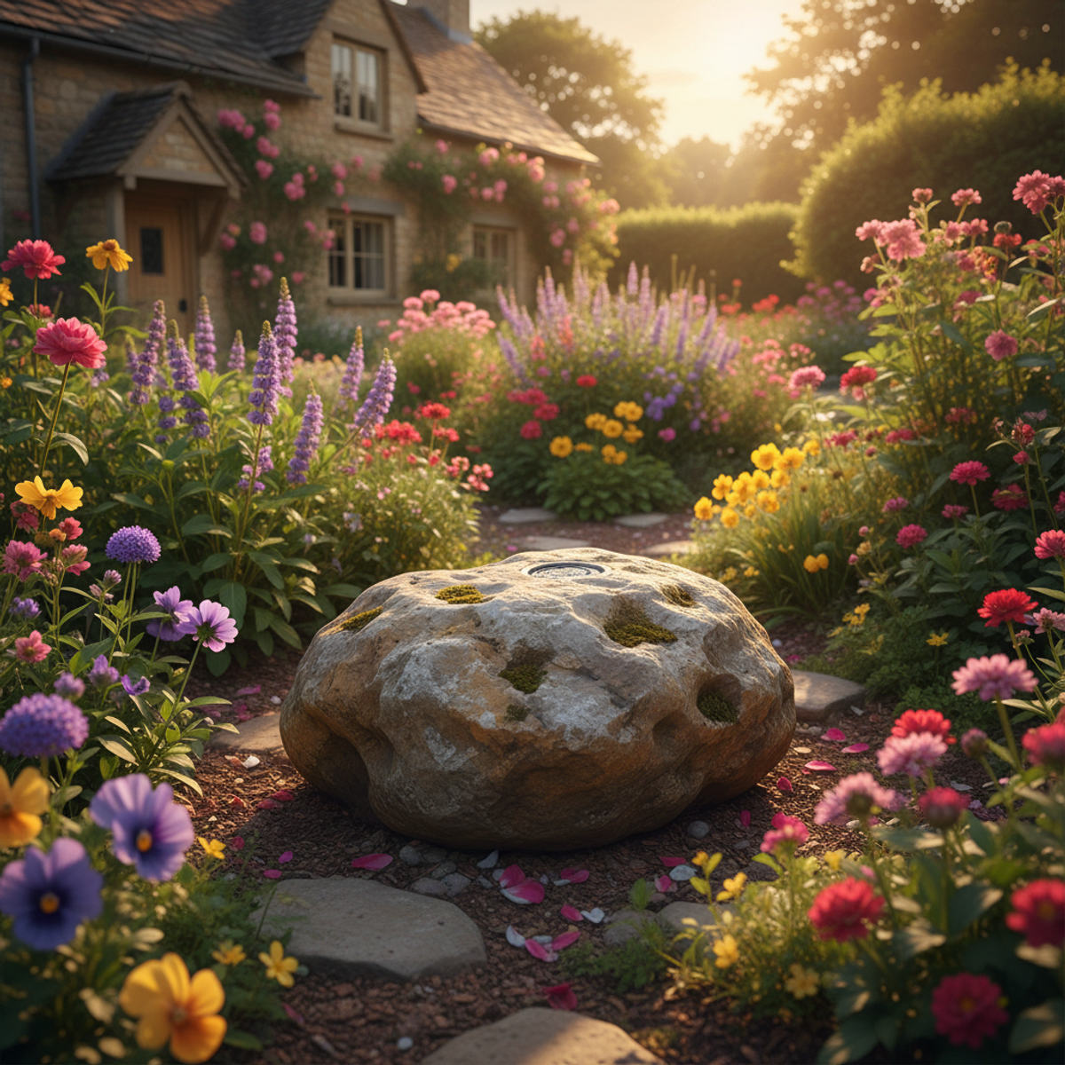 Lifelike rock texture ultrasonic repellent disguised in a cottage garden.