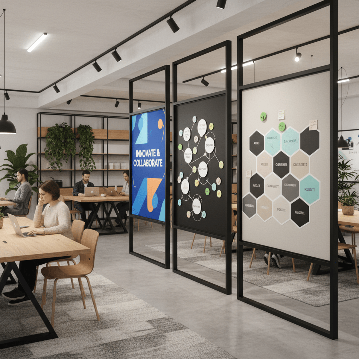 Modern co-working space with magnetic value displays Contemporary co-working space with magnetic wall displays showing company values and projects.