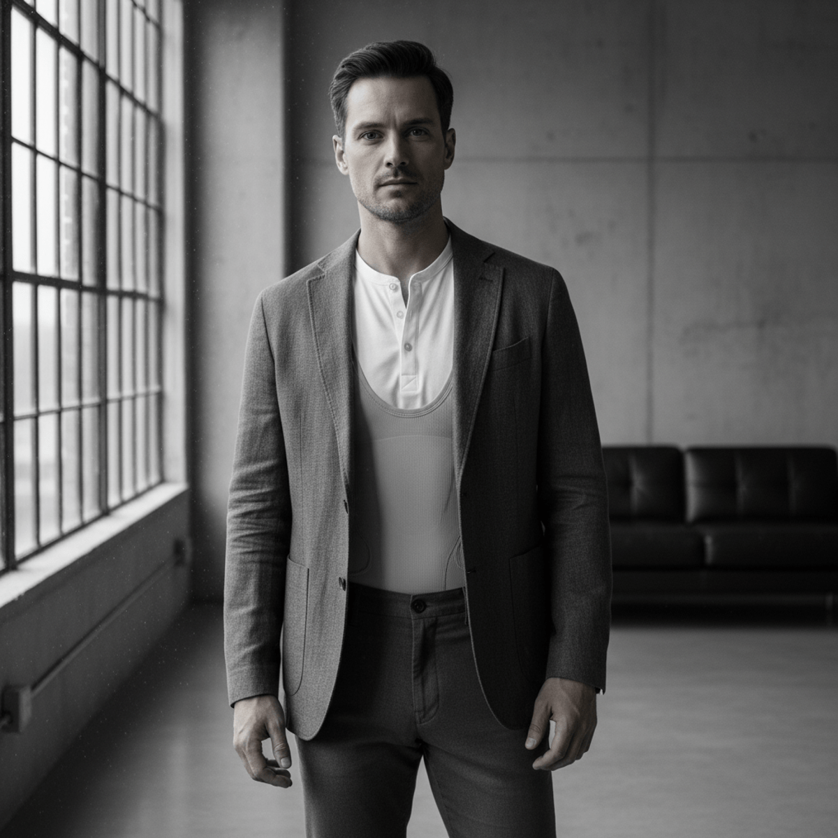 Man in urban loft wearing smart casual with invisible body shaper for men.