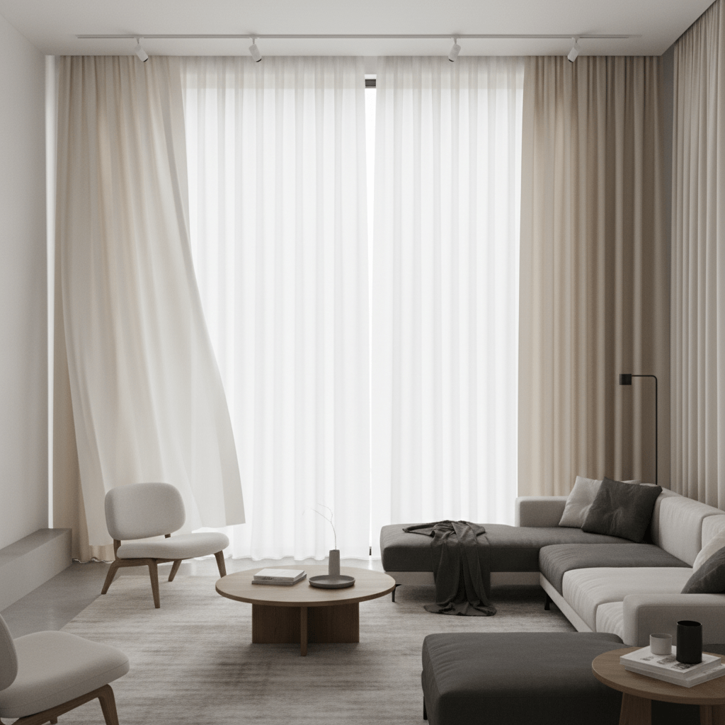 Modern living room with ethereal sheer curtains Modern living room with floor-to-ceiling sheer curtains in off-white and beige.