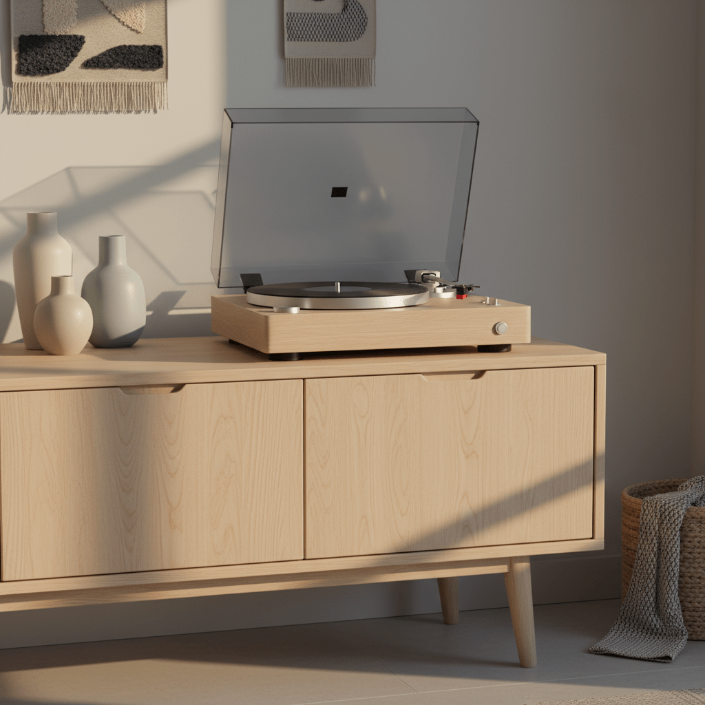 Ash wood LP player in minimalist Scandinavian apartment Budget LP player in ash wood finish in a Scandinavian apartment interior.